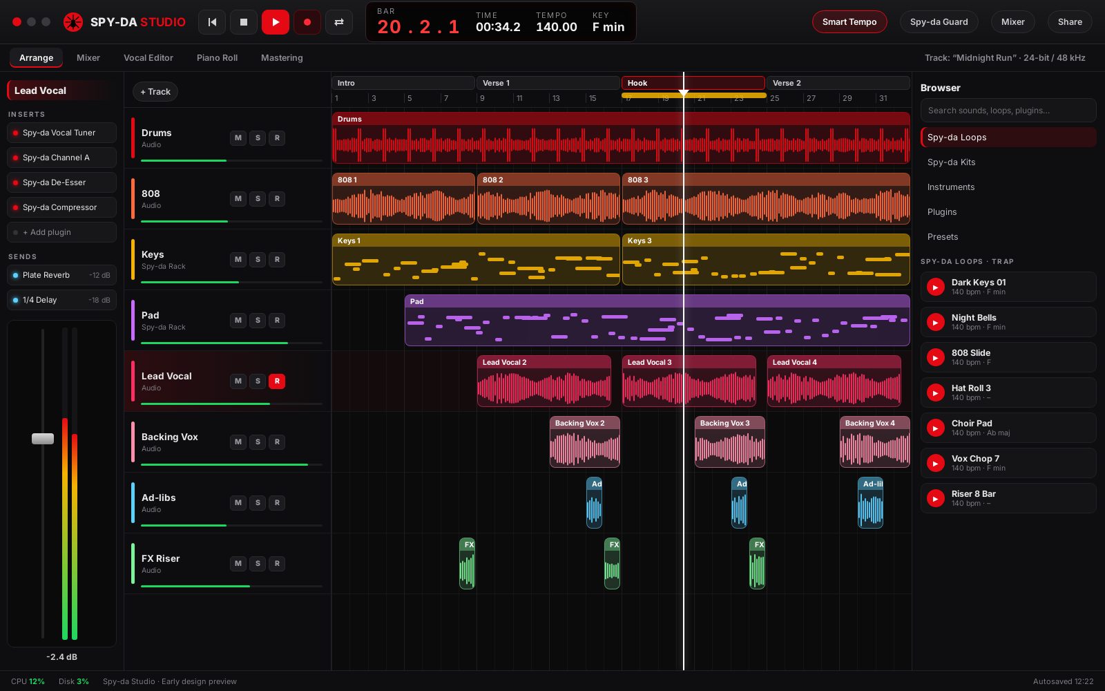 Spy-da Studio arrange window with tracks, regions and the loop browser